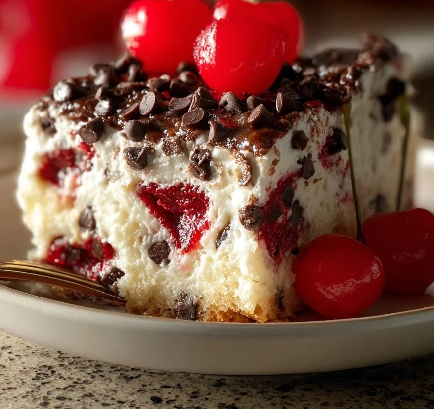 Cherry Chocolate Chip Poke Cake topped with cherries and chocolate chips