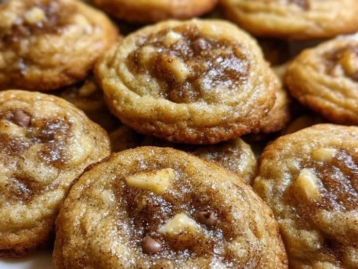 Chewy banana bread cookies stacked on a plate, drizzled with icing.
