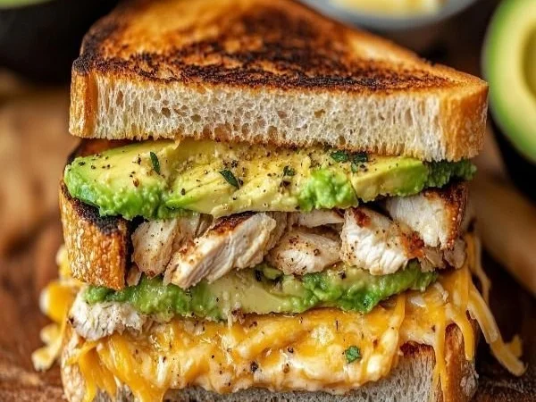 Chicken Avocado Melt Sandwich with chicken, avocado, and melted cheese on bread.