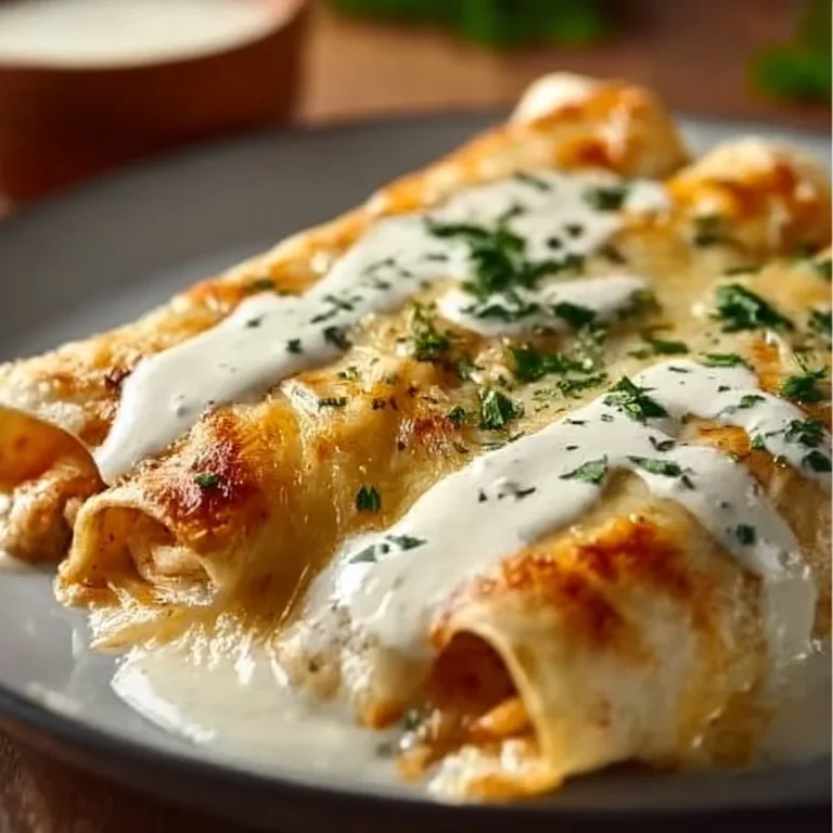 Plate of chicken enchiladas topped with sour cream white sauce garnished with cilantro.