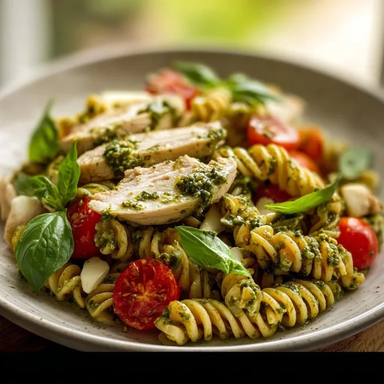 Chicken Pesto Pasta Salad with fresh vegetables and basil pesto dressing