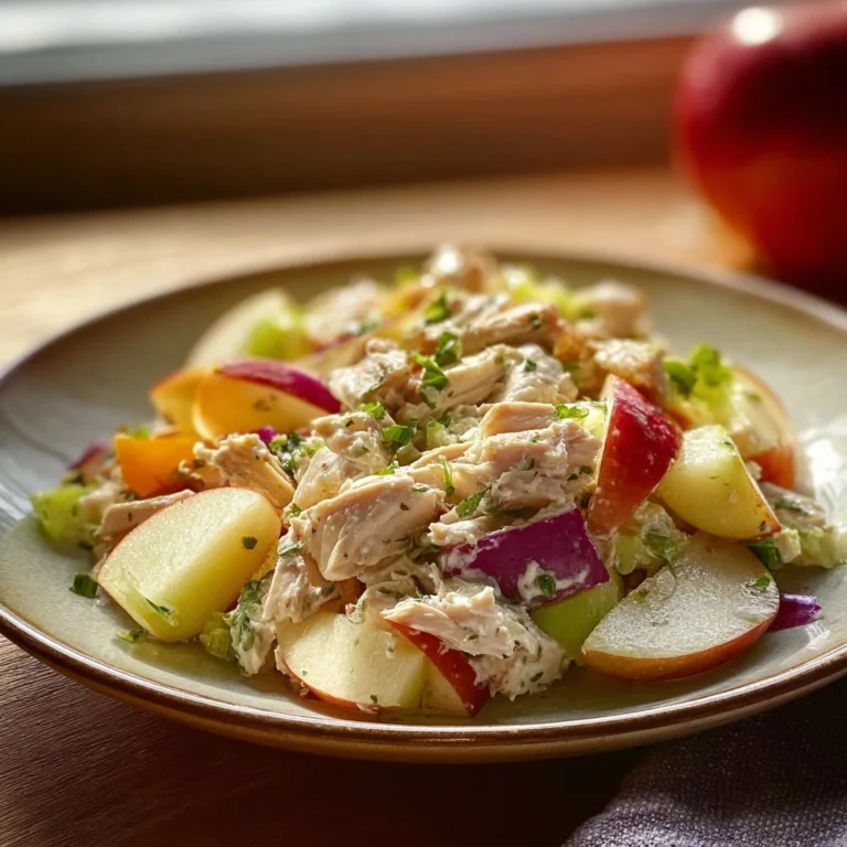 Chicken salad with apples garnished with greens and walnuts