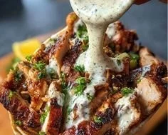 Chicken Shawarma served with creamy garlic sauce on a plate