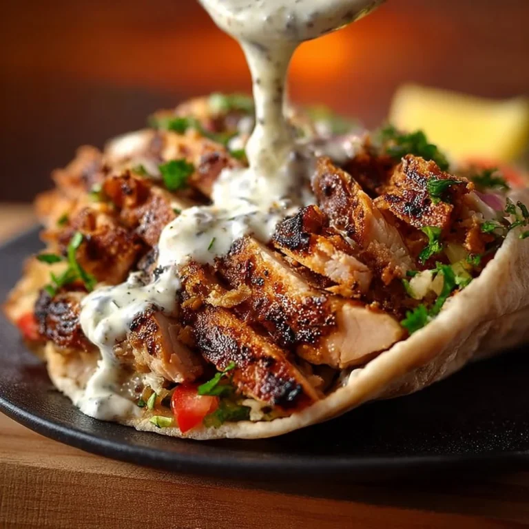 Delicious Chicken Shawarma topped with creamy garlic sauce on a plate