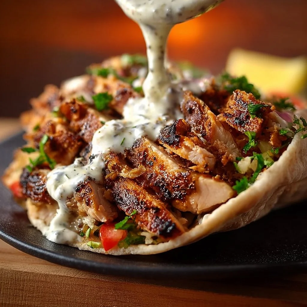 Delicious Chicken Shawarma topped with creamy garlic sauce on a plate