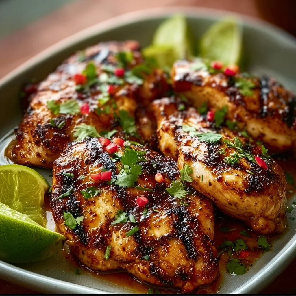 Delicious Chili Lime Chicken served on a plate with fresh lime and herbs