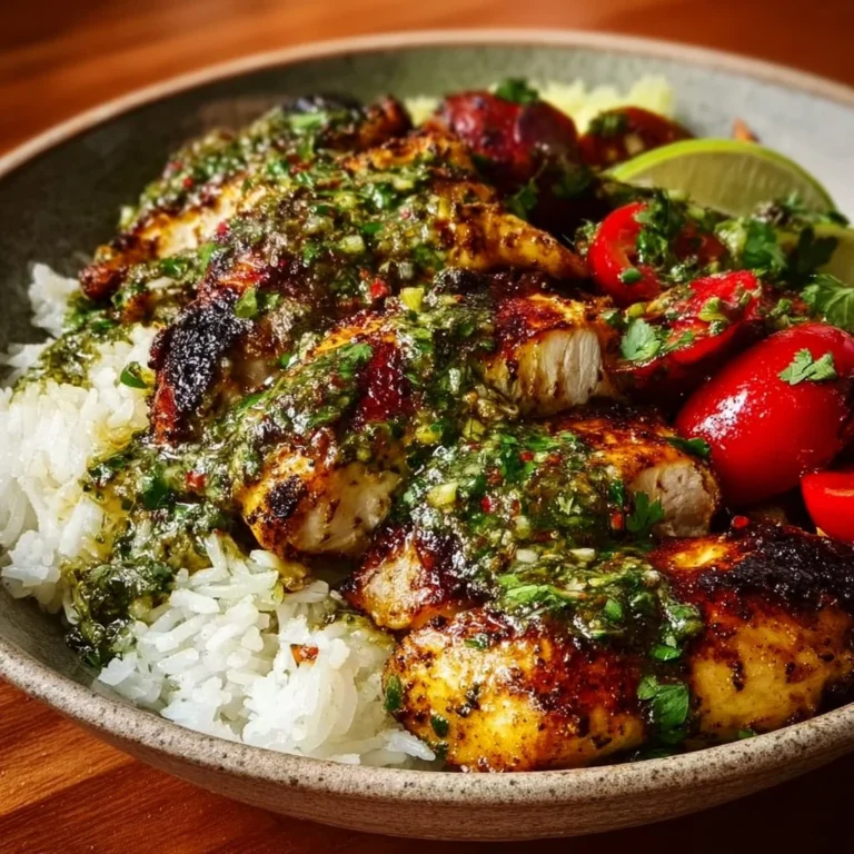 Chimichurri Chicken Bowls topped with garlic sauce, served in a bowl.