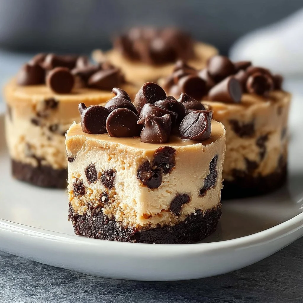 Chocolate chip cookie dough cheesecake bites on a plate