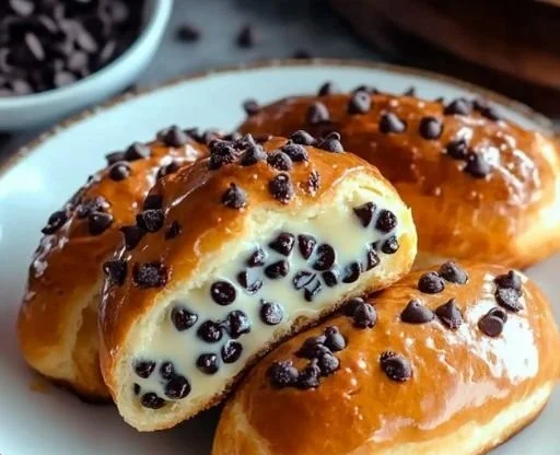 Delicious Chocolate Chip Brioche with Vanilla Custard filling on a rustic table