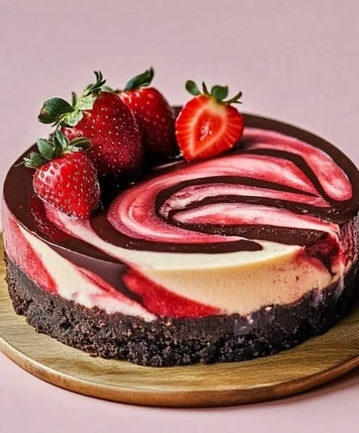 Chocolate Strawberry Swirl Cheesecake with Ganache Topping