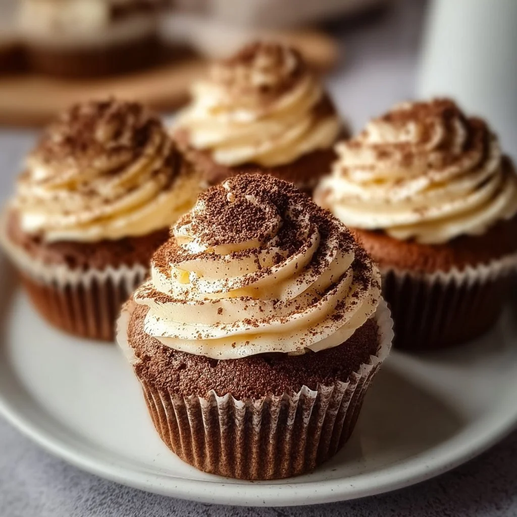 Chocolate Tiramisu Cupcakes topped with creamy mascarpone and cocoa dusting.