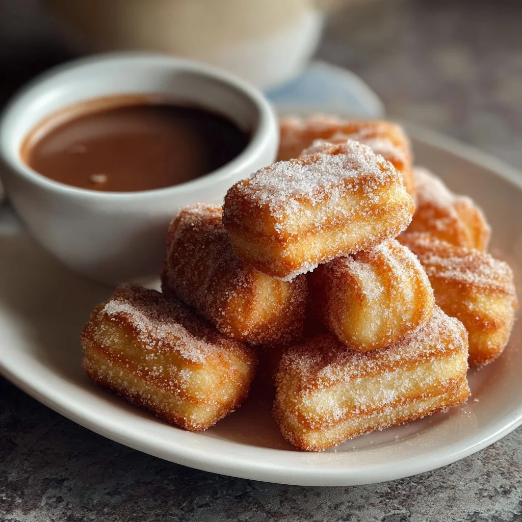 Delectable churros poppers dusted with sugar on a plate.
