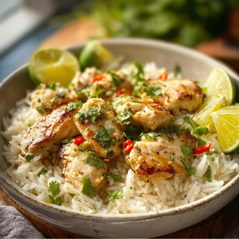 Creamy Coconut Chicken served with rice, garnished with fresh herbs