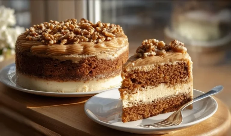 Delicious slice of Coffee and Walnut Cake topped with walnut pieces