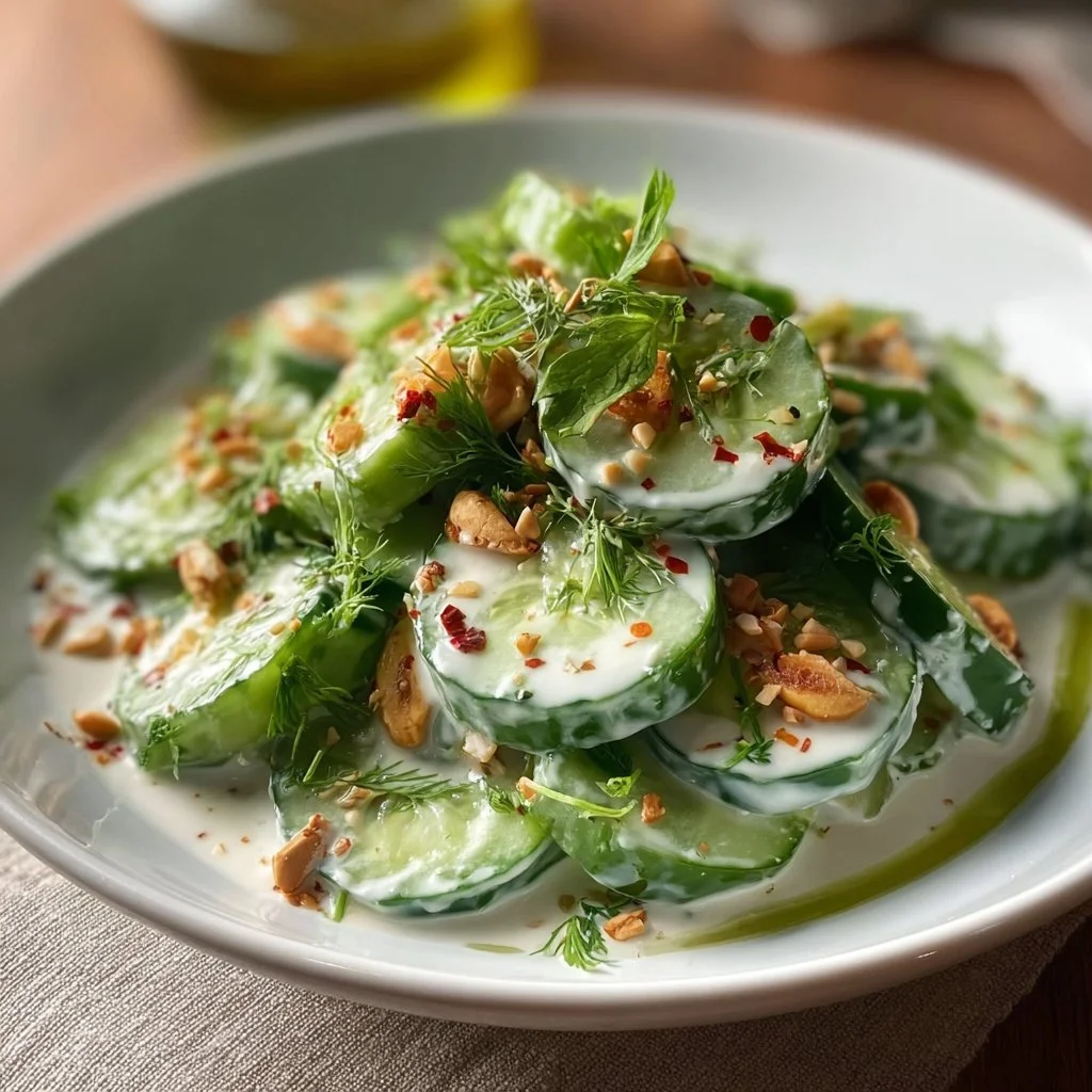 Creamy Asian vegan cucumber salad made with fresh veggies and a zesty dressing.