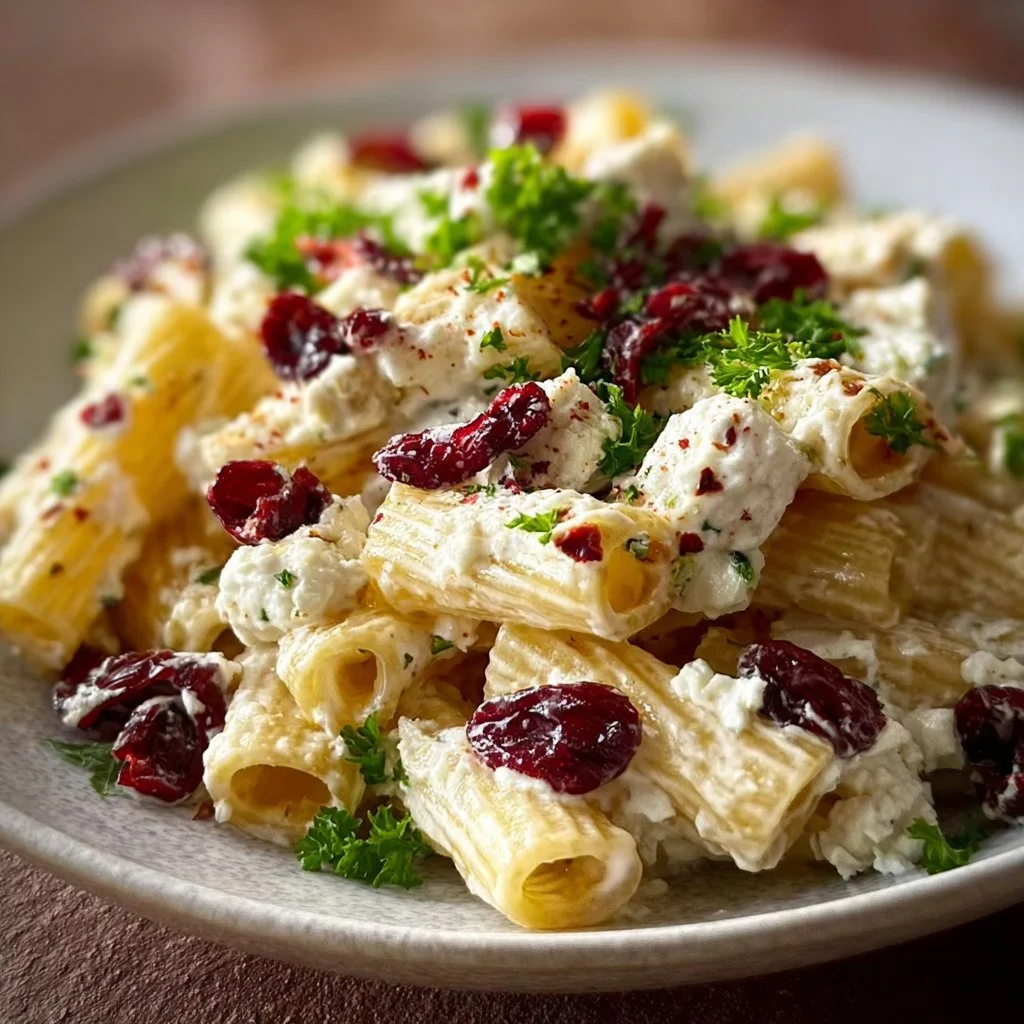 Creamy Feta and Cranberry Rigatoni Salad garnished with herbs