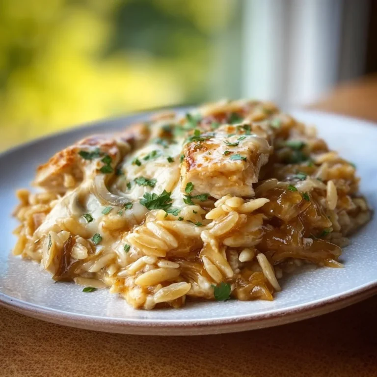 Creamy French Onion Chicken Orzo Casserole served in a dish