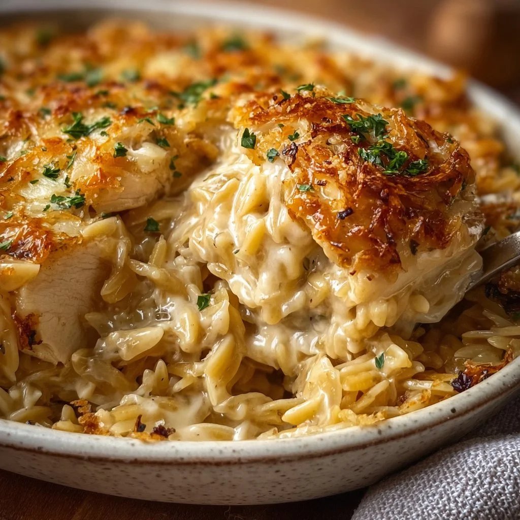 Creamy French Onion Chicken Orzo Casserole