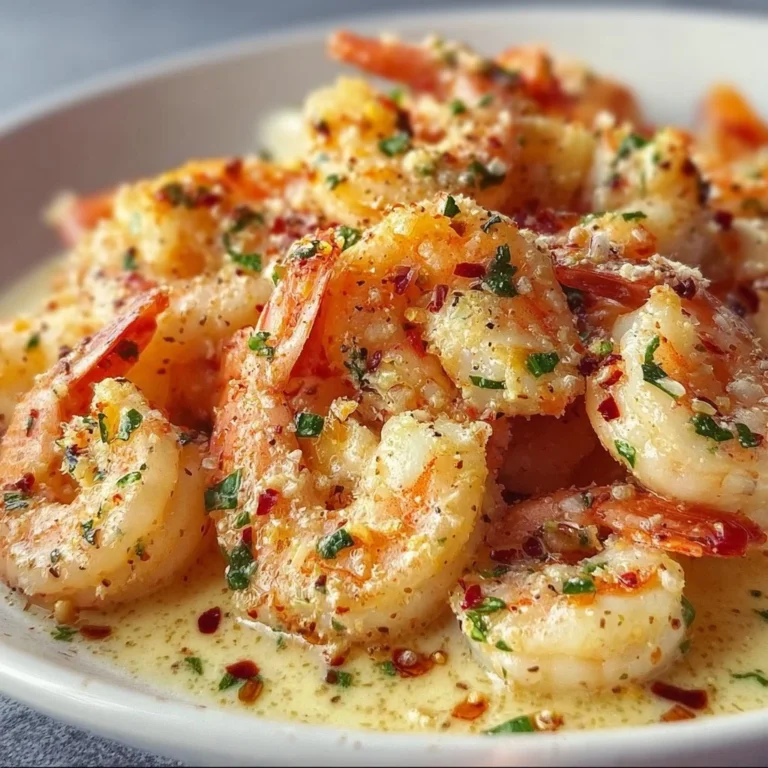 Plate of creamy garlic butter shrimp garnished with herbs
