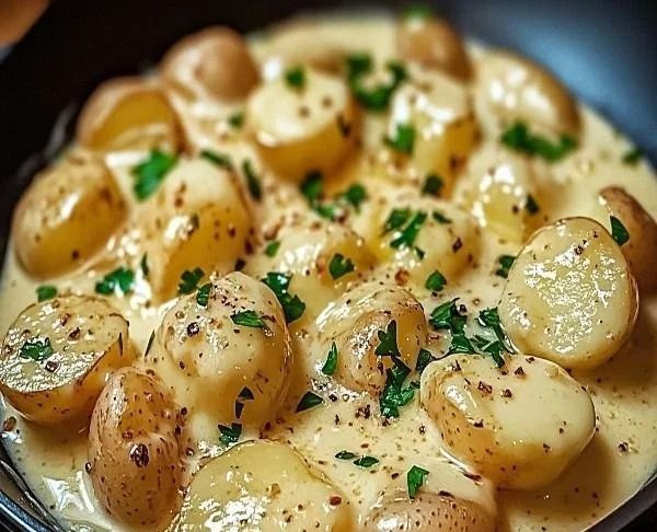 Creamy garlic sauce potatoes served in a bowl, garnished with herbs