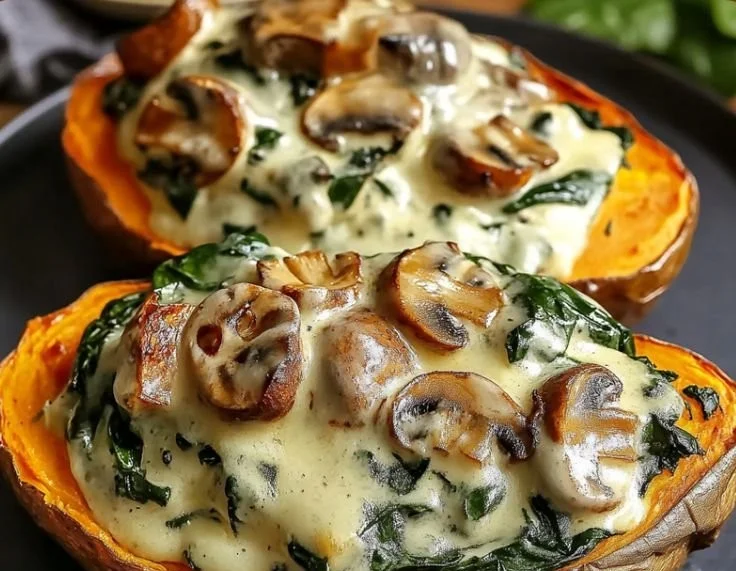 Creamy mushroom stuffed sweet potatoes topped with herbs and spices