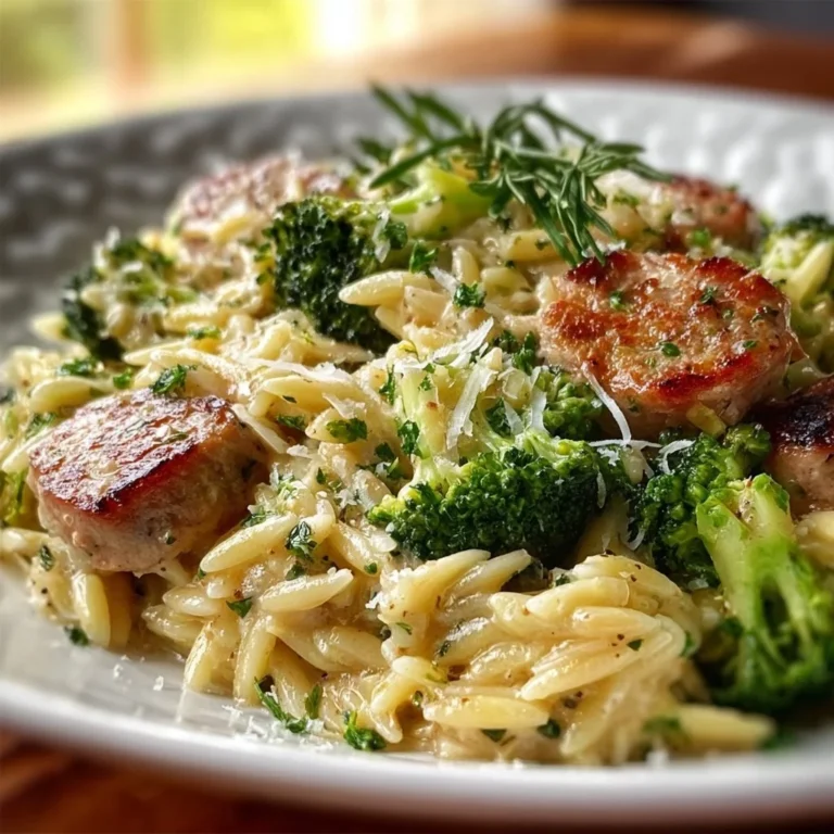 Creamy one-pot chicken sausage and broccoli orzo in a skillet