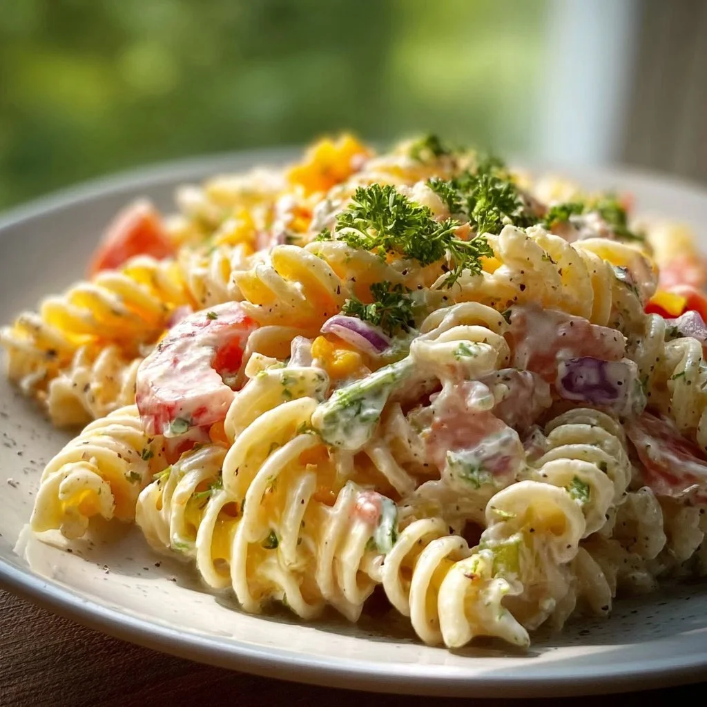 Creamy pasta salad with fresh vegetables and dressing served in a bowl