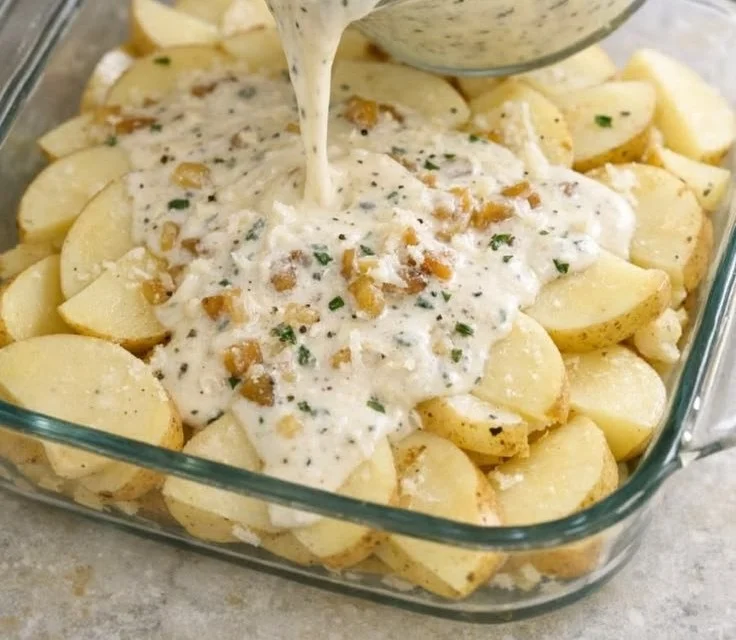 Creamy pourover potatoes dish served in a bowl with fresh herbs.