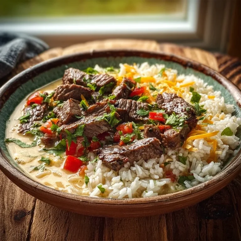 Creamy queso rice dish topped with juicy steak strips, garnished with herbs.