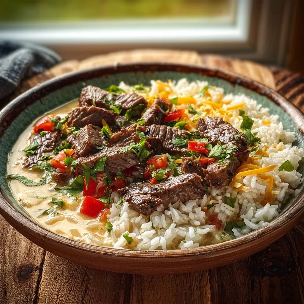 Creamy queso rice dish topped with juicy steak strips, garnished with herbs.