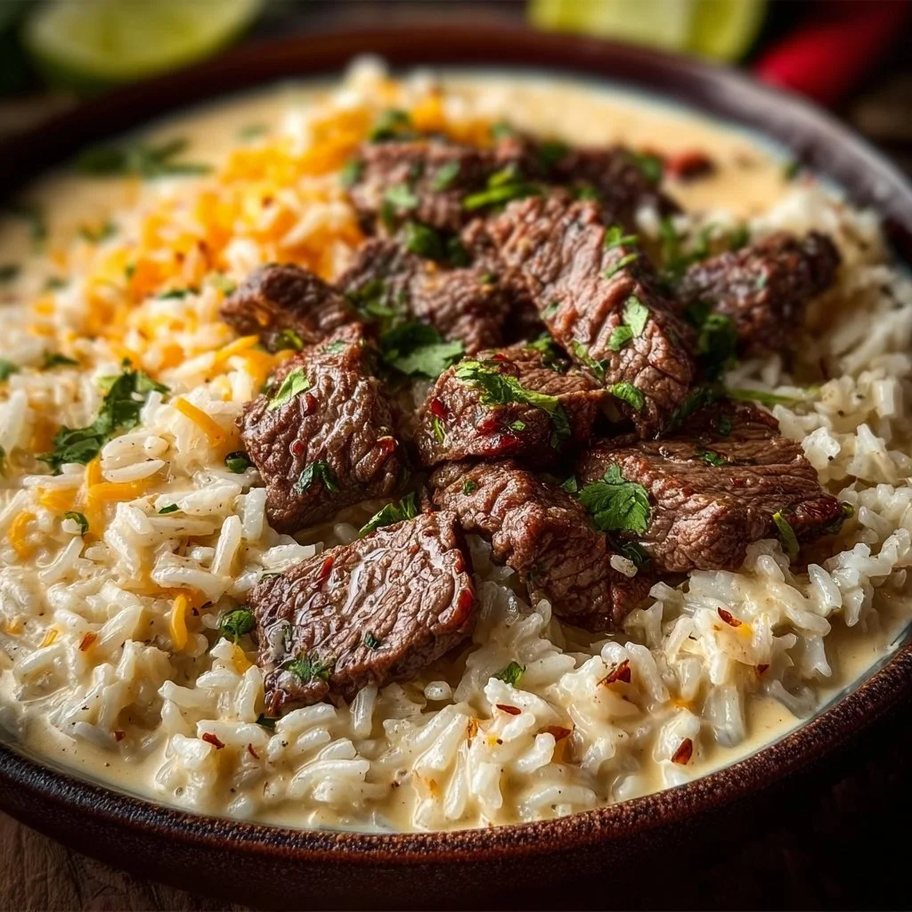 Creamy Queso Rice with Juicy Steak Strips