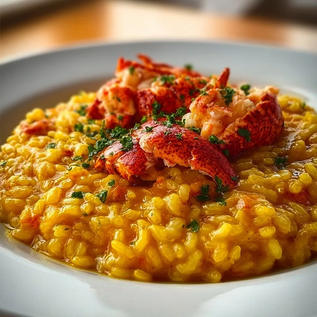 Creamy lobster risotto with saffron, an Italian seafood dish