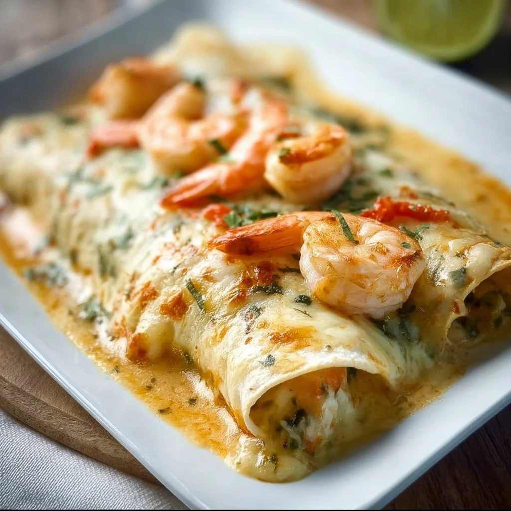 Creamy shrimp enchiladas served with sauce and garnishes