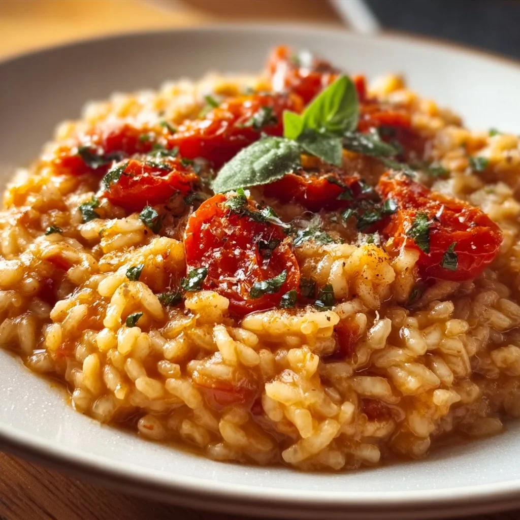 Creamy slow-cooked Italian tomato risotto garnished with fresh herbs