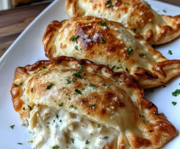Crispy Cheesy Chicken Alfredo Calzones filled with creamy chicken and melted cheese