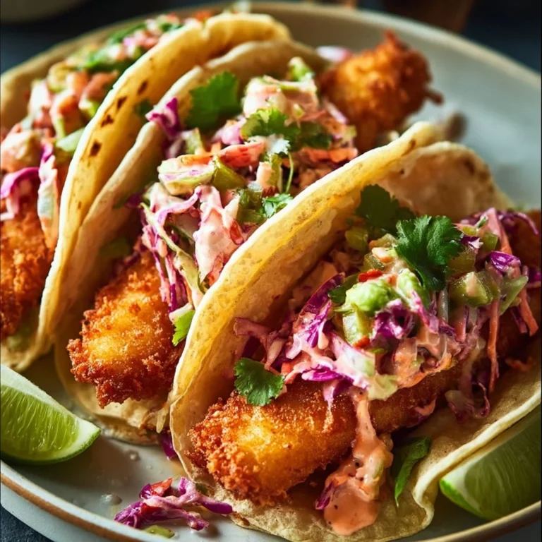 Delicious crispy fish tacos served with fresh toppings and lime wedges.