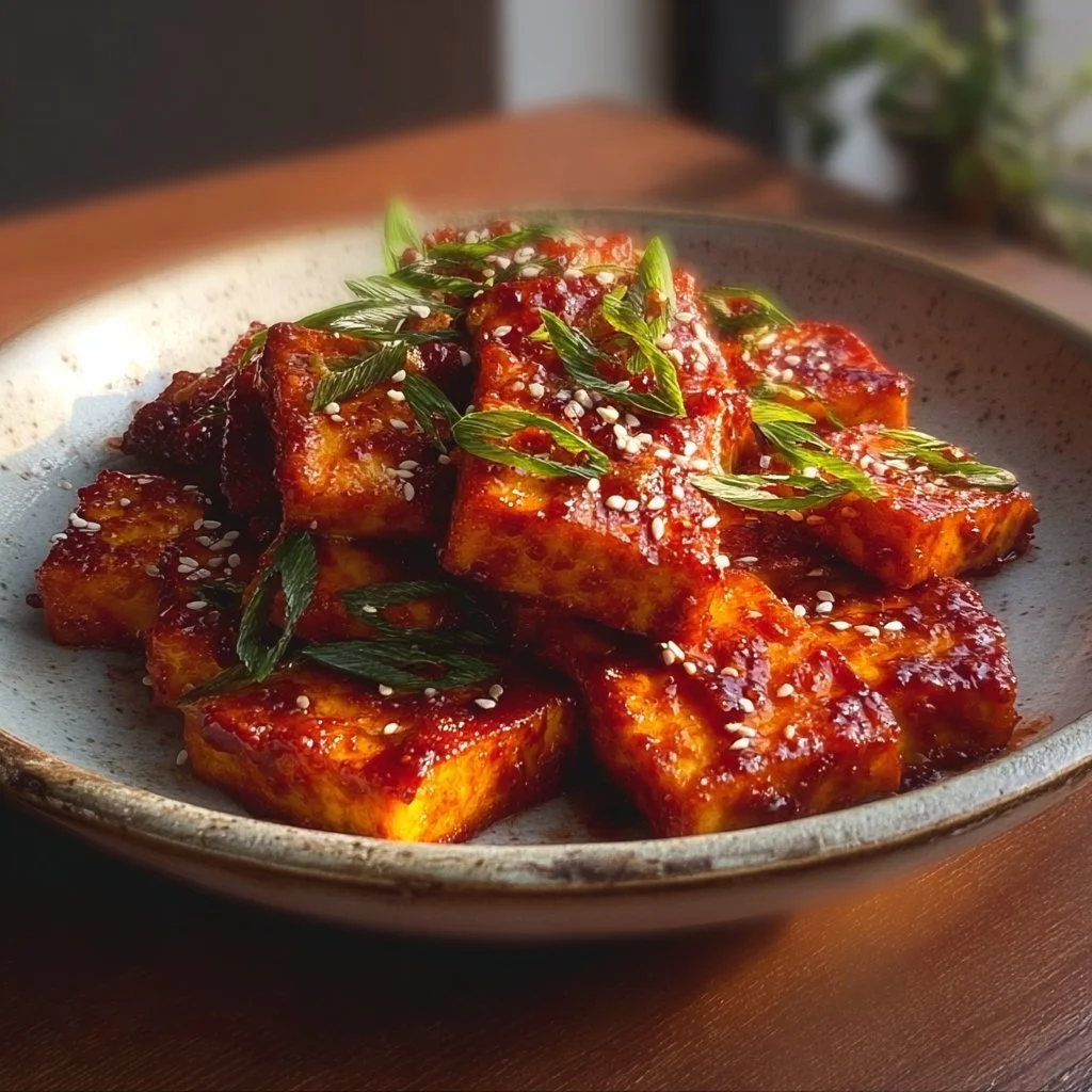 Delicious crispy gochujang tofu served with vegetables