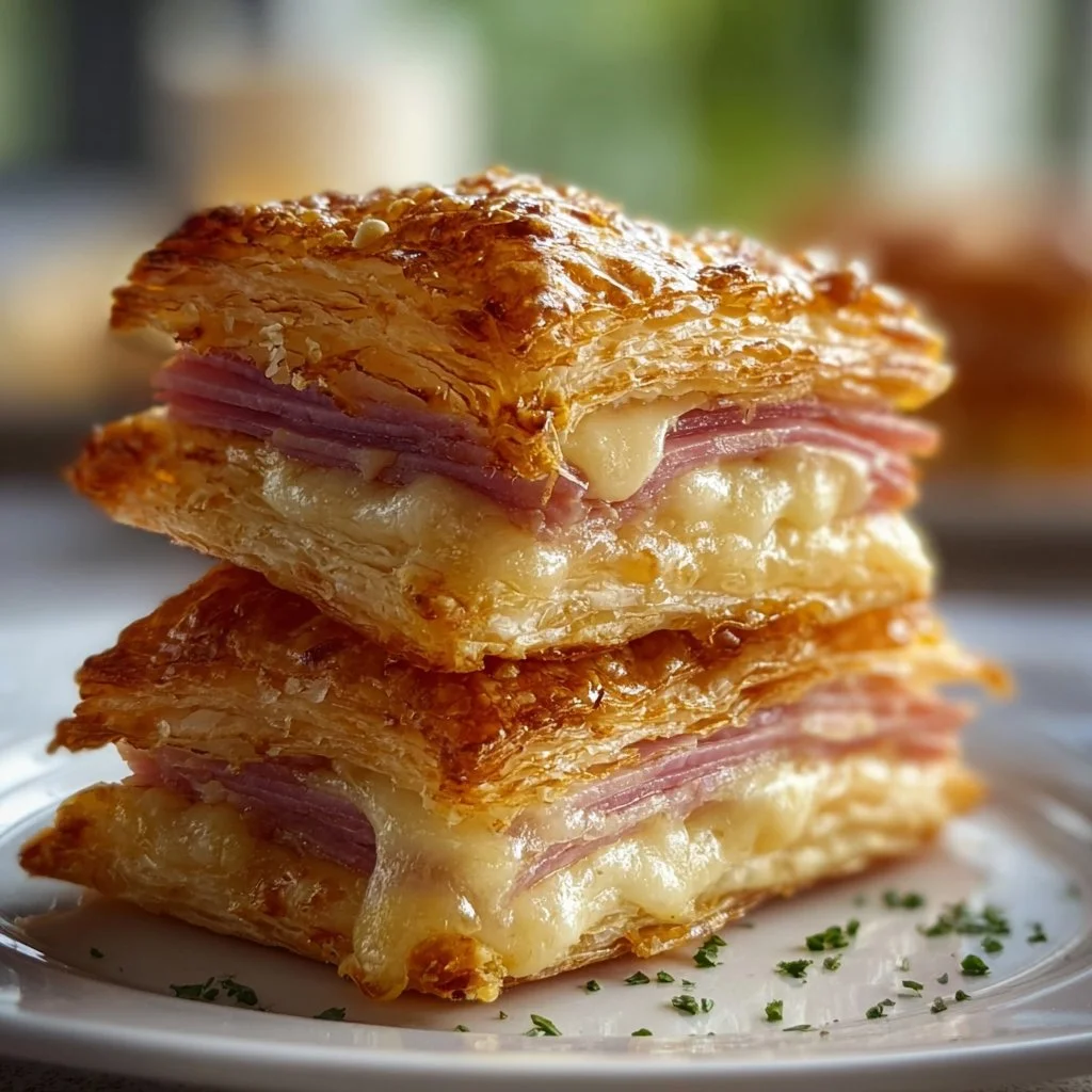 Crispy ham and cheese puff pastry stacks on a plate, ready to serve.
