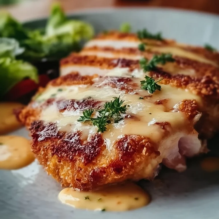 Crispy Malibu Chicken with ham, Swiss cheese, and honey mustard sauce served on a plate.