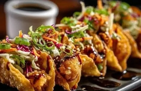 Crispy teriyaki chicken wonton tacos garnished with fresh toppings.