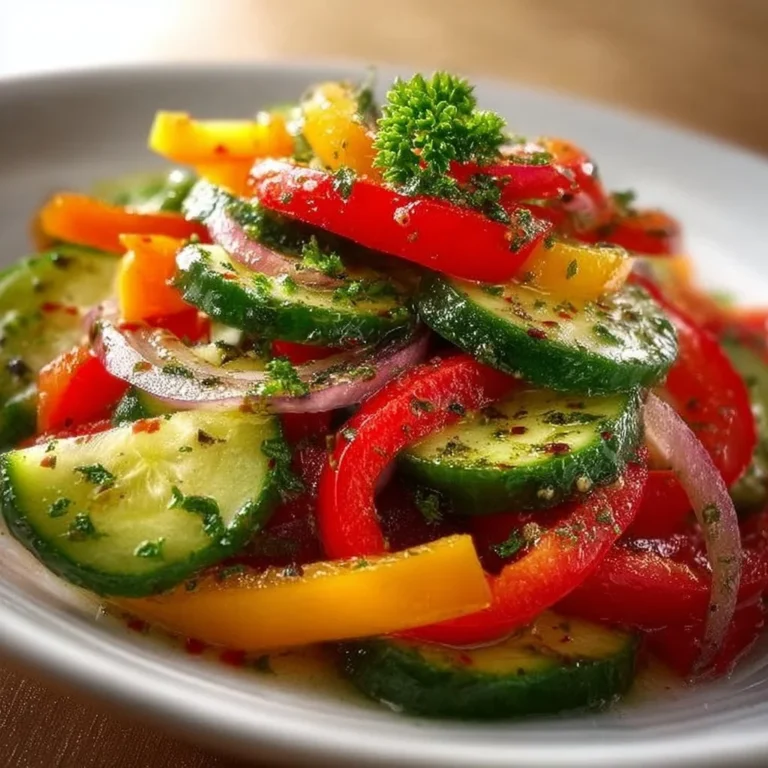 Cucumber and sweet pepper salad in a bowl garnished with herbs