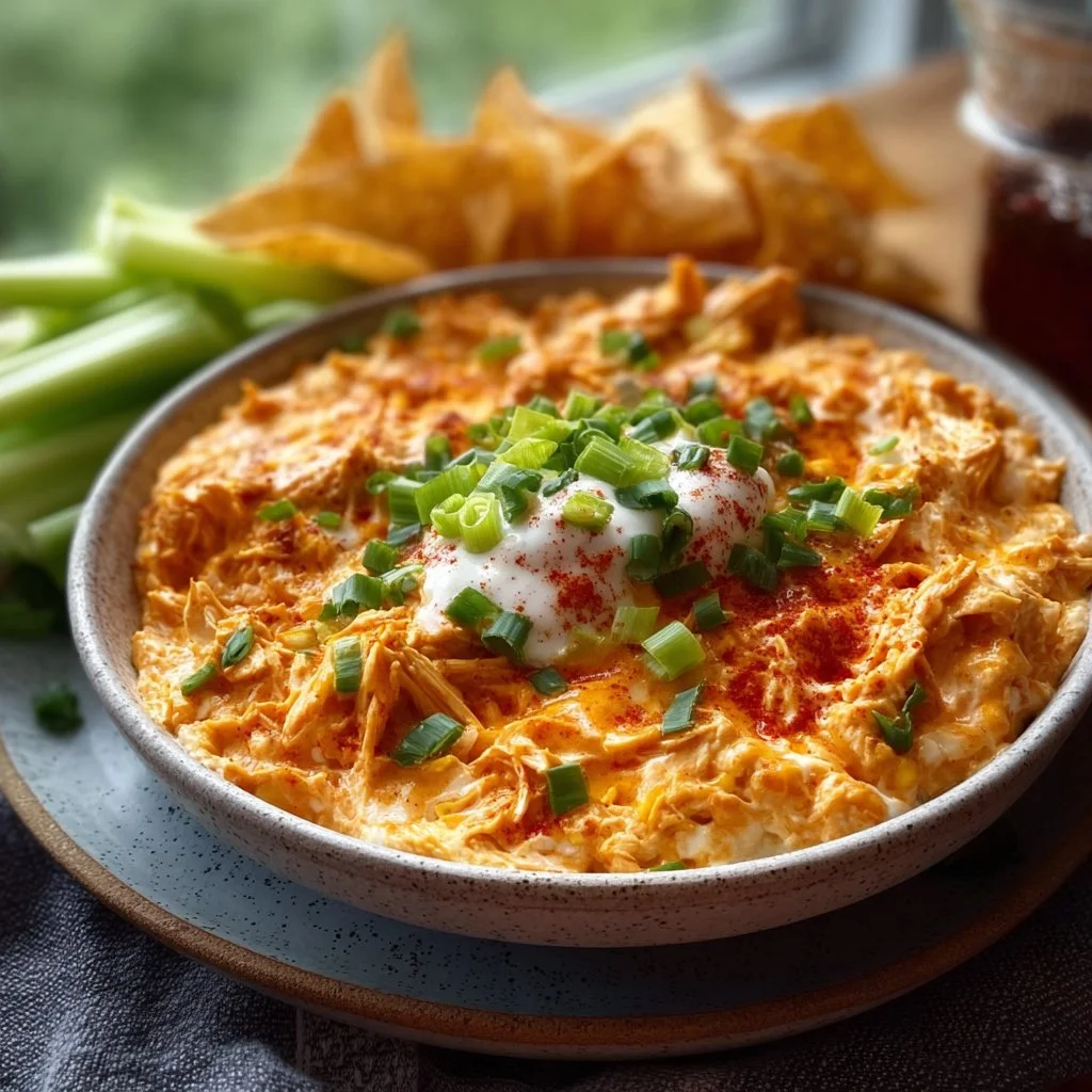 Dairy free Buffalo Chicken Dip served in a bowl with tortilla chips