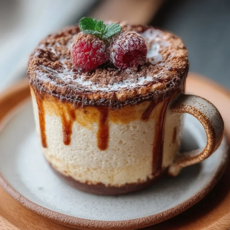 Deliciously creamy decadent cheesecake in a mug with a graham cracker crust