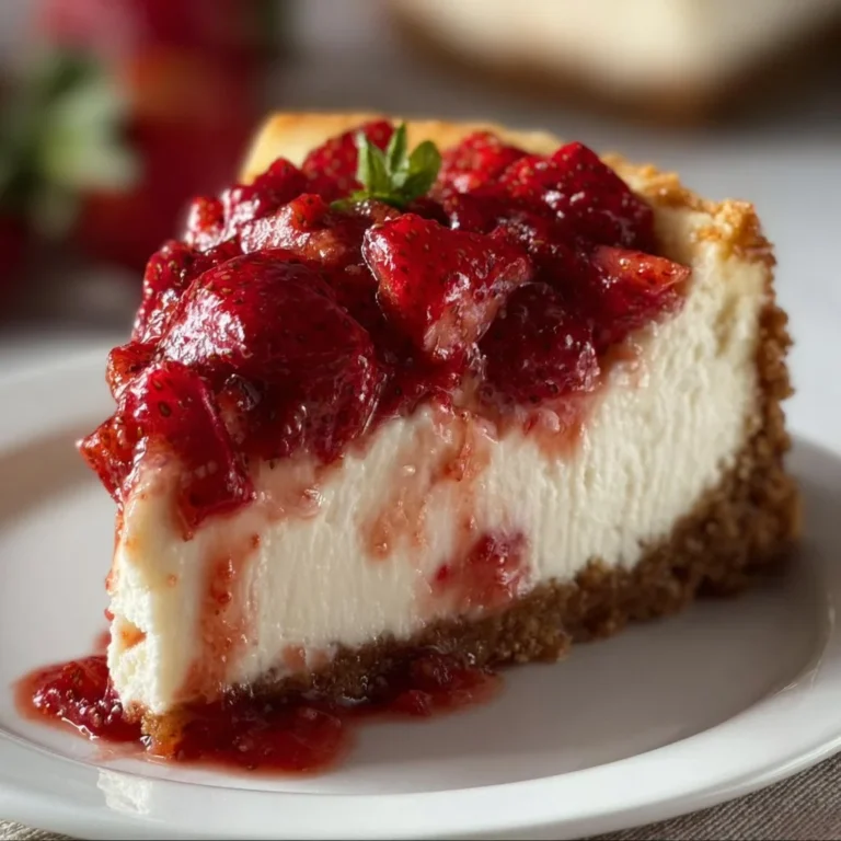 Deliciously creamy baked strawberry cheesecake topped with fresh strawberries