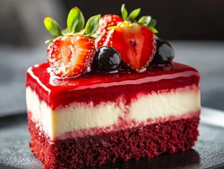 Delicious red velvet strawberry cheesecake slice