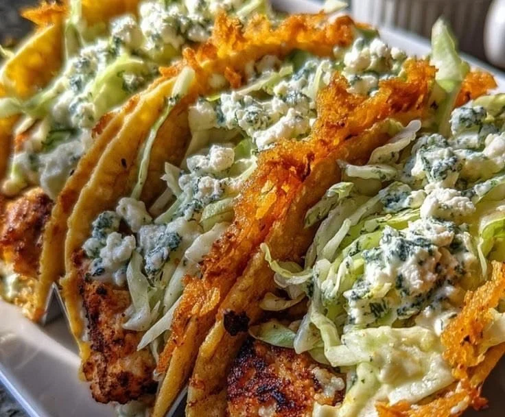 Dill Pickle Ranch Smash Chicken Tacos served on a plate with toppings.