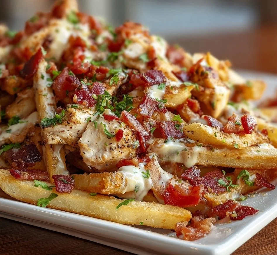 Dirty chicken and bacon loaded fries topped with cheese and jalapenos