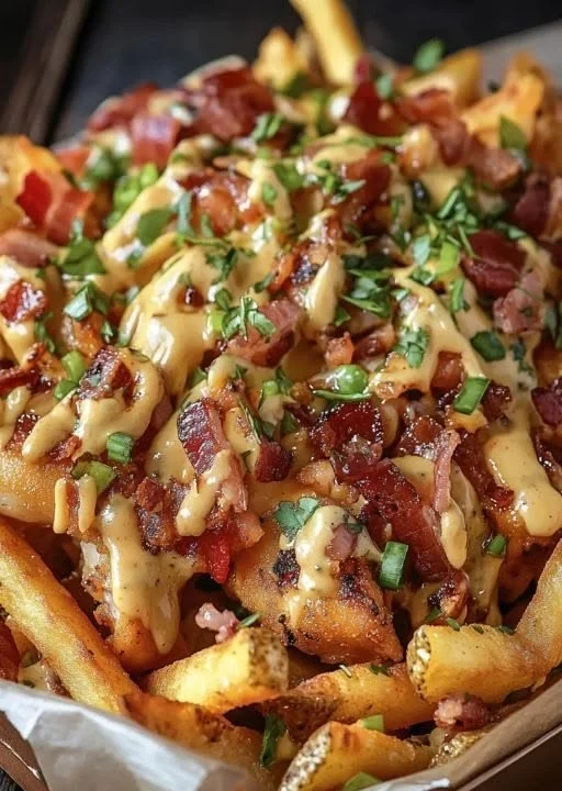 Delicious Dirty Chicken and Bacon Loaded Fries topped with cheese and sauces