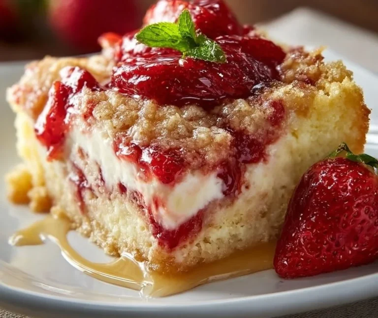 Easy Strawberry Cheesecake Dump Cake with fresh strawberries and cream cheese topping
