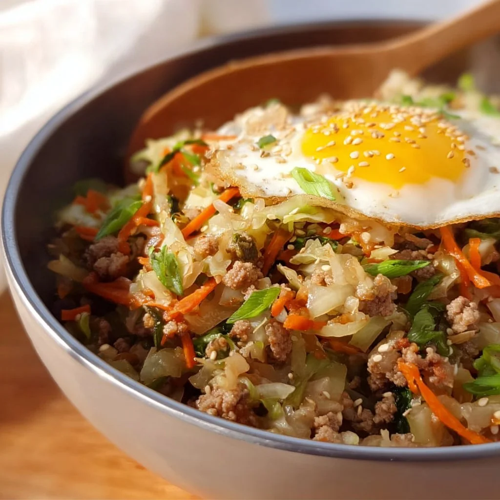A delicious bowl of egg roll ingredients topped with green onions and sesame seeds.